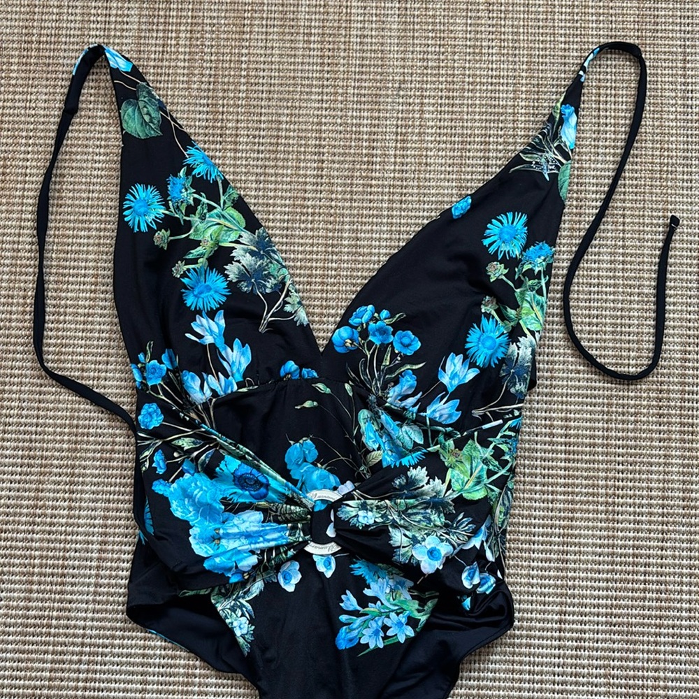 Blumarine Black and Blue One Piece Swimsuit with Floral Design